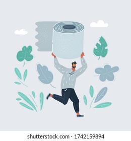 Smiling man character shipping roll of toilet paper, flat vector illustrating logistics and consumer goods chain supply management while hygiene goods in high demand due to covid pandemic.