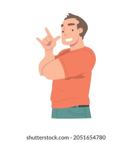 Smiling Man Character Showing Sign of Horn as Hand Gesture Vector Illustration