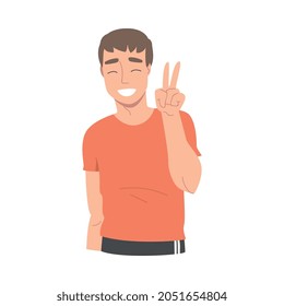 Smiling Man Character Showing V Sign as Victory Hand Gesture Vector Illustration