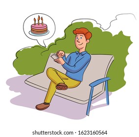 Smiling man character sitting on bench, texting, posting, rating, sharing, communicating on smartphone, ordering cakes in social media networks. City public urban park. Vector flat illustration