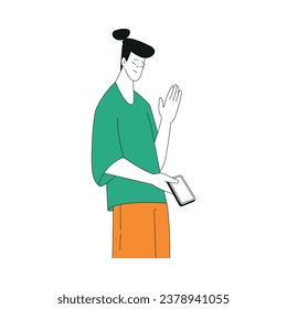 Smiling Man Character with Smartphone Waving Hand as Positive Hand Gesture Vector Illustration