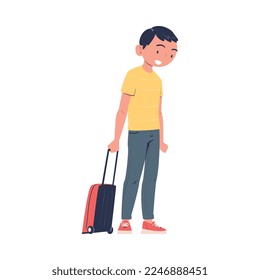 Smiling Man Character Standing with Suitcase at the Airport Boarding Plane Vector Illustration