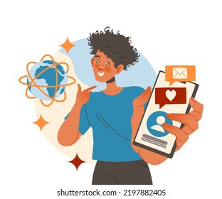 Lächelnde menschliche Figur, die mit Informationen arbeitet mit Smartphone-Analyse und Browsing Data Vector Illustration