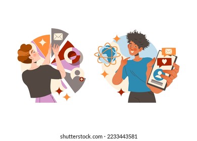 Smiling Man Character Working with Information with Chart and Smartphone Analyzing and Browsing Data Vector Set