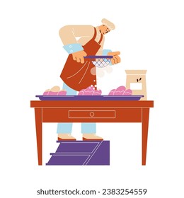 Smiling man in chef s hat cooking sweets flat style, vector illustration isolated on white background. Decorative design element, confectioner profession, character enjoys process
