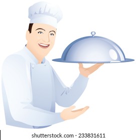 Smiling man chef serves.