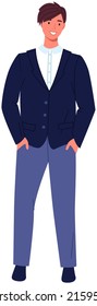 Smiling man, chief, young businessman dressed casual standing upright holding hands in pockets in contemplation pose. Businessperson, male character happy office worker or boss glad to see someone