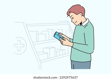 Smiling man choose product on shelf in drugstore. Happy male customer or client buy medication from pharmacy. Healthcare and medicine. Vector illustration. 