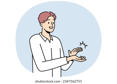 Smiling man clapping hands thanking or showing appreciation. Happy businessman applaud celebrate good deal. Acknowledgement and gratitude. Vector illustration.