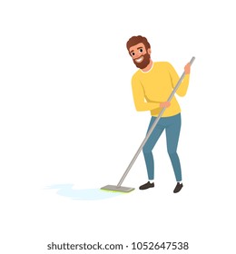 Smiling man cleaning floor with mop. Cartoon character of house husband. Young bearded guy doing housework. Male in sweater and jeans. Flat vector design