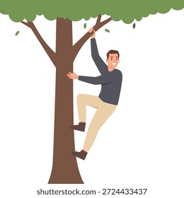 Smiling man climbing a tree, symbolizing outdoor activity, adventure. Flat vector illustration isolated on white background