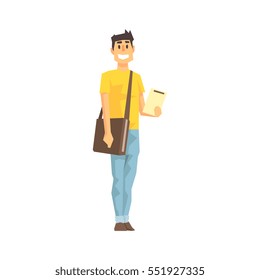 Smiling Man With Clipboard And Papers Bag, Delivery Company Employee Delivering Shipments Illustration