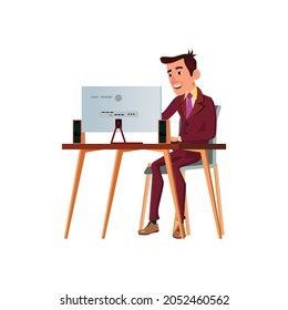 smiling man computer using and talking with customer through video call cartoon vector