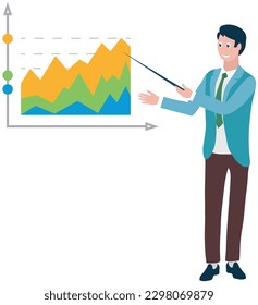 Un hombre sonriente está seguro de representar un proyecto. Businessman presenta gráficos e informes, datos de marketing en pantalla de presentación, explicando gráficos. Presentación y publicidad en un seminario de negocios