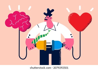Smiling man connect wire find balance between heart and brain. Happy male make decision consider emotion and wisdom. Rational reasonable and emotional choice. Vector illustration. 