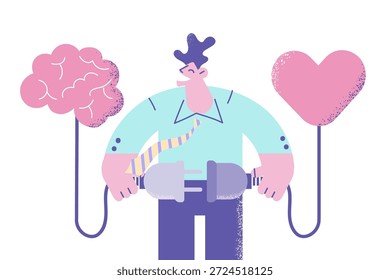 Homem sorridente conecta fio encontrar equilíbrio entre coração e cérebro. Homens felizes tomam a decisão considerando emoção e sabedoria. Escolha racional, razoável e emocional. Ilustração vetorial.