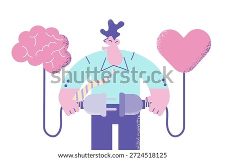 Smiling man connect wire find balance between heart and brain. Happy male make decision consider emotion and wisdom. Rational reasonable and emotional choice. Vector illustration.