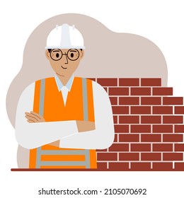Smiling man construction worker in a white helmet and an orange vest. Vector flat illustration