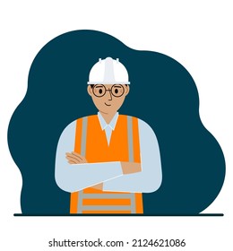 Smiling man construction worker in a white helmet and an orange vest. Vector flat illustration