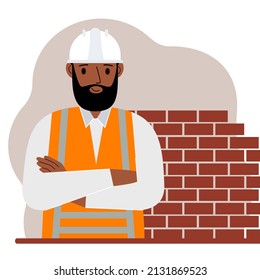 Smiling man construction worker in a white helmet and an orange vest. Vector flat illustration