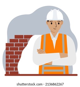 Smiling man construction worker in a white helmet and an orange vest. Vector flat illustration