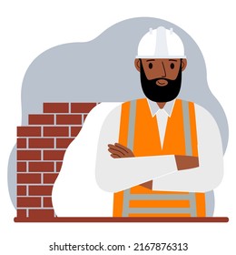 Smiling man construction worker in a white helmet and an orange vest. Vector flat illustration