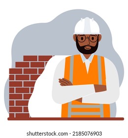 Smiling man construction worker in a white helmet and an orange vest. Vector flat illustration