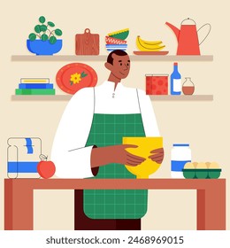 Hombre sonriente cocinando postre en la mesa de la cocina. Preparacion de pasteleria casera o panaderia. Chico feliz en delantal mezclando ingredientes preparando la masa en un tazón de Vector ilustración plana. 