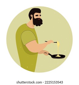smiling man cooking food. Meal preparation in the kitchen. Flat style vector illustration.
Man in the kitchen. Concept for stay-at-home dad doing domestic chores.
Homemade Pancakes. 