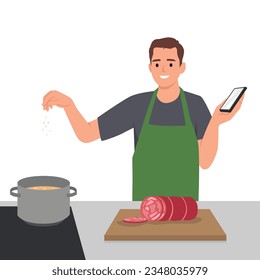 Smiling man cooking soup at home kitchen follow recipe on smartphone screen. Happy male chef prepare delicious food for dinner. Flat vector illustration isolated on white background