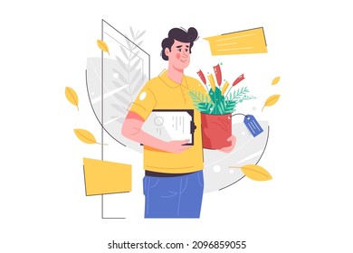 Smiling man courier character deliver flowers to door vector illustration. Man in uniform flat style. Delivery service, high quality concept