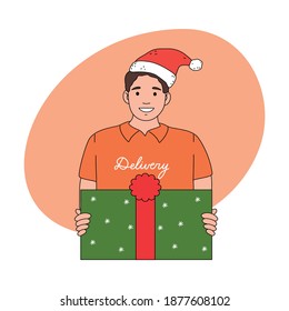 Smiling man courier in festive hat delivering holiday present for Christmas
