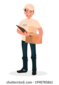Smiling man courier with a parcel. Vector illustration in cartoon style