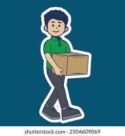 Mensajero sonriente del hombre con un paquete. Ilustración vectorial en estilo de dibujos animados