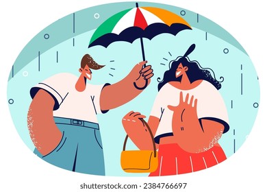 Smiling man cover woman with umbrella give helping hand in rain. Caring male protect lady in rainy weather. Good deed and gentleman behavior. Vector illustration.