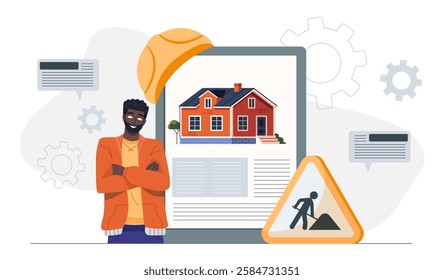 Smiling man with crossed arms near a tablet showing a house project, construction hat, and warning sign on a white background with gears. Concept of home building