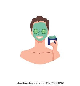 Smiling man with cucumber slices on eye and beauty mask on face, flat vector illustration isolated on white background. Skin care routine, cosmetology and spa concepts.