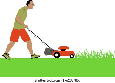Smiling Man Cutting Grass Using A Lawnmower,  EPS 8 Vector Illustration, Isolated On White