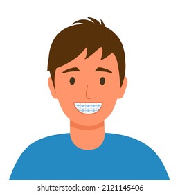 Smiling man with dental braces in flat design on white background. Orthodontic concept vector illustration.