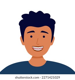 Smiling man with dental braces in flat design on white background. Orthodontic concept vector illustration.