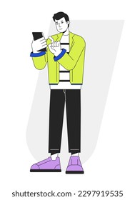 Smiling man dialing number on cellphone to call flat line vector spot illustration. Gadget guy 2D cartoon outline character on white for web UI design. Editable isolated colorful hero image