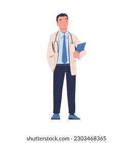 Smiling Man Doctor or Physician Character in Uniform Standing with Clipboard and Stethoscope Vector Illustration