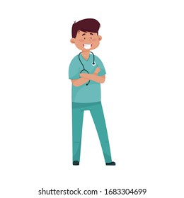 Smiling Man Doctor with Stethoscope and in Medical Uniform Folding His Arms on the Chest Vector Illustration