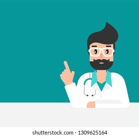 Smiling  man doctor with stethoscope and table. Medical internet consultation.  Healthcare consulting web service.  Hospital support online. Computer doctor. Vector flat illustration on blue