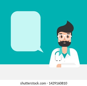 Smiling man doctor with stethoscope, table and bubble. Medical internet consultation.  Healthcare consulting web service.  Hospital support online. Computer doctor. Vector flat illustration on blue