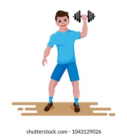 Smiling man are doing exercises with dumbbel. Flat style in warm colors.