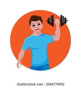 Smiling man are doing exercises with dumbbell. Flat style in warm colors.