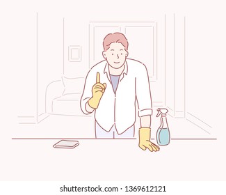 Smiling man doing housework. Hand drawn style vector design illustrations.