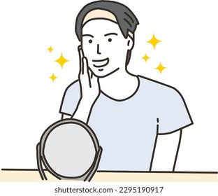 Smiling man doing skin care while looking in the mirror
