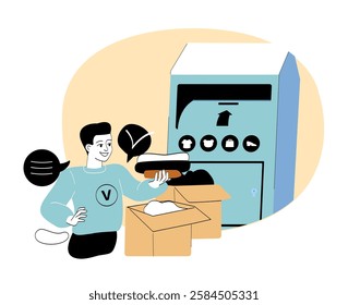 Smiling man donating clothes at a recycling bin, holding folded garment. Concept of charity, sustainability, and textile recycling